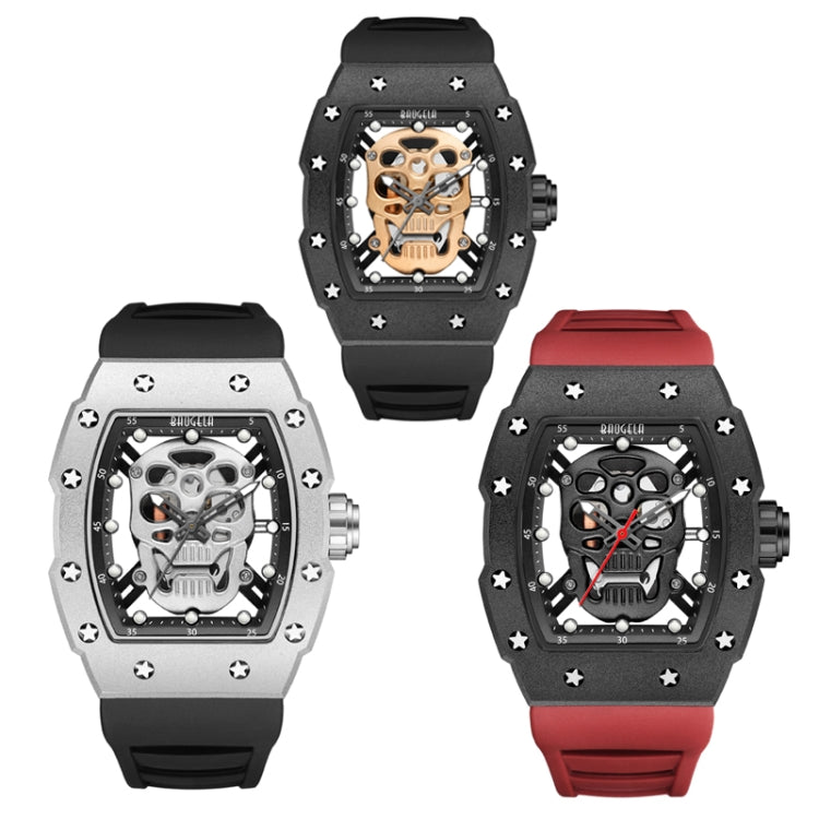 BAOGELA 224141 Hollow Skull Luminous Sports 304 Stainless Steel Silicone Men Watch(Steel Shell White Face Black Belt) - Silicone Strap Watches by BAOGELA | Online Shopping South Africa | PMC Jewellery | Buy Now Pay Later Mobicred