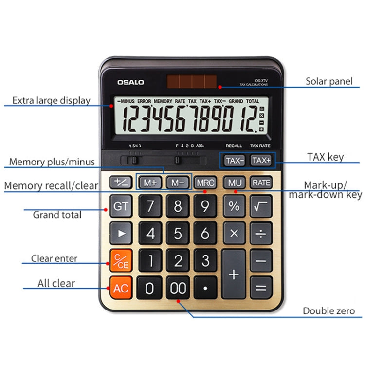 OSALO OS-3TV 12-digit LCD Screen Solar Dual Power Supply Desktop Calculator - Calculator by OSALO | Online Shopping South Africa | PMC Jewellery | Buy Now Pay Later Mobicred