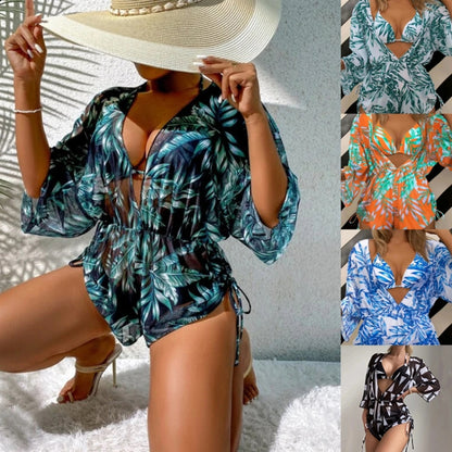 Leaf-print Waist Lace-up Three-Piece Bikini Set Long-sleeved Beach Sun Protection Swimsuit, Size: S(Light Leaf) - Swimwear by PMC Jewellery | Online Shopping South Africa | PMC Jewellery