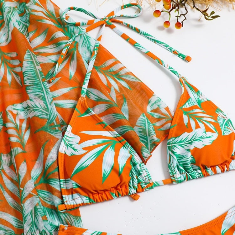 Leaf-print Waist Lace-up Three-Piece Bikini Set Long-sleeved Beach Sun Protection Swimsuit, Size: M(Orange) - Swimwear by PMC Jewellery | Online Shopping South Africa | PMC Jewellery