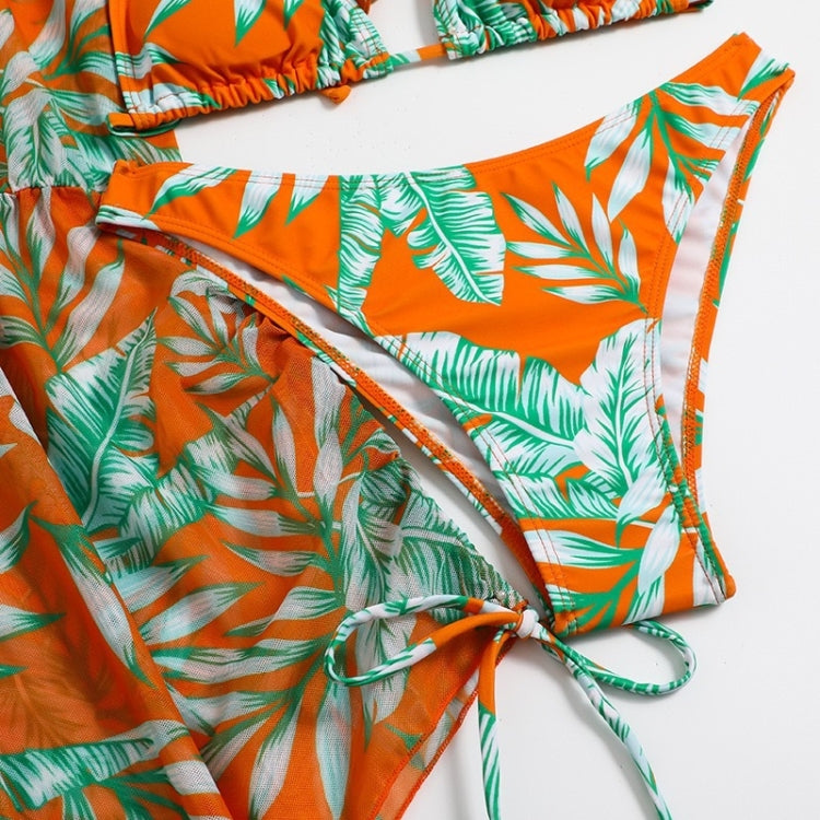 Leaf-print Waist Lace-up Three-Piece Bikini Set Long-sleeved Beach Sun Protection Swimsuit, Size: XL(Light Leaf) - Swimwear by PMC Jewellery | Online Shopping South Africa | PMC Jewellery