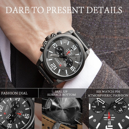 Curren 8314 Sports Six-Hand Waterproof Leather Strap Calendar Men Quartz Watch, Color: Black Shell White - Leather Strap Watches by Curren | Online Shopping South Africa | PMC Jewellery | Buy Now Pay Later Mobicred