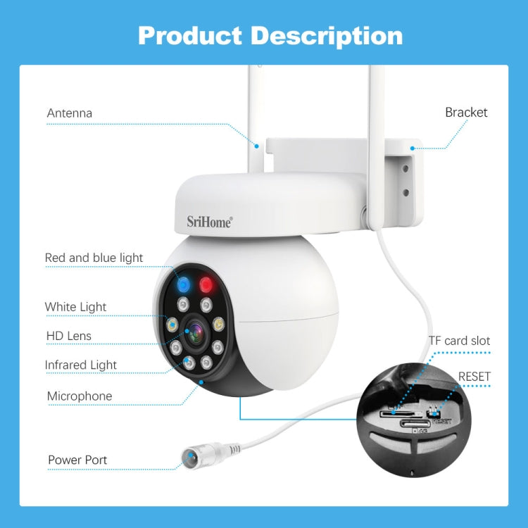 SriHome SH052 Wifi 5MP Wireless PTZ IP AI Auto Tracking Sound&Light Alarm Starlight Color Night Vision Outdoors Surveillance Camera, Plug: AU - free shipping - PMC TechLife - Order now!
