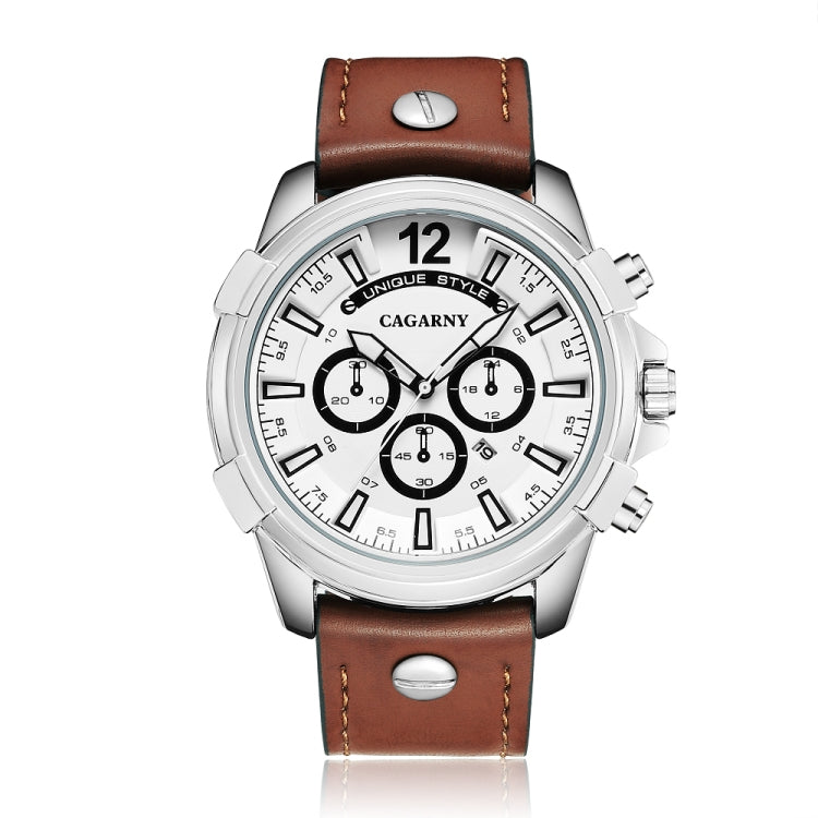 CAGARNY 6882 Fashion Waterproof Polychromatic Metal Shell Quartz Watch with Leather Wristband(Brown Silver) - Leather Strap Watches by CAGARNY | Online Shopping South Africa | PMC Jewellery | Buy Now Pay Later Mobicred