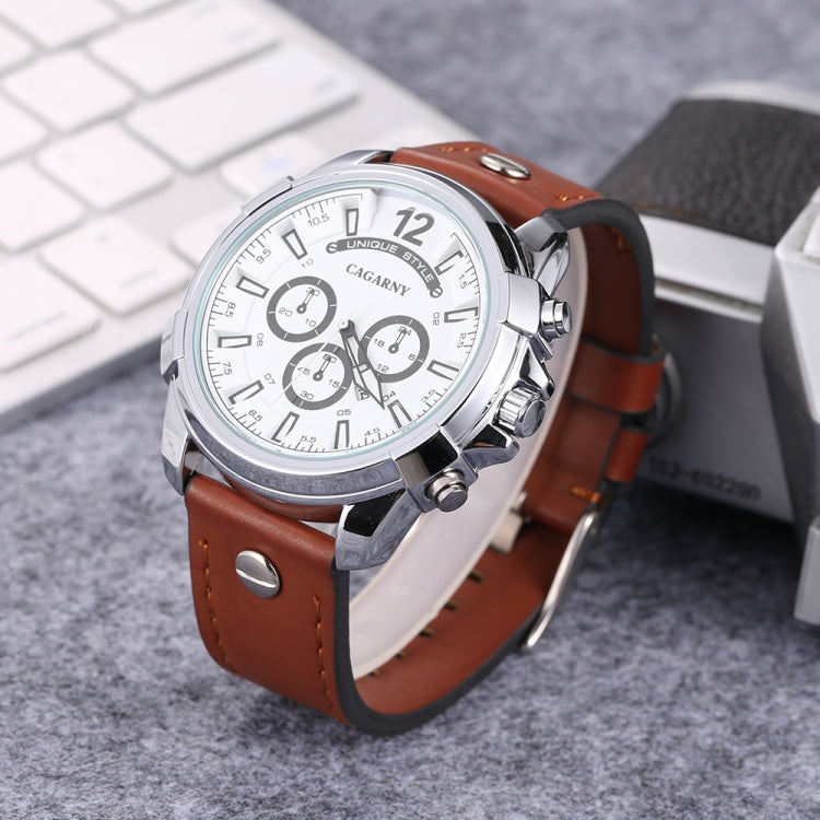 CAGARNY 6882 Fashion Waterproof Polychromatic Metal Shell Quartz Watch with Leather Wristband(Brown Silver) - Leather Strap Watches by CAGARNY | Online Shopping South Africa | PMC Jewellery | Buy Now Pay Later Mobicred