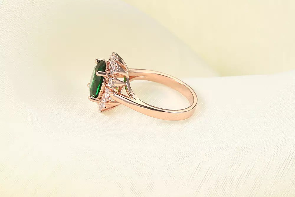 Oval Green Emerald Ring In 14K Rose Gold Plated